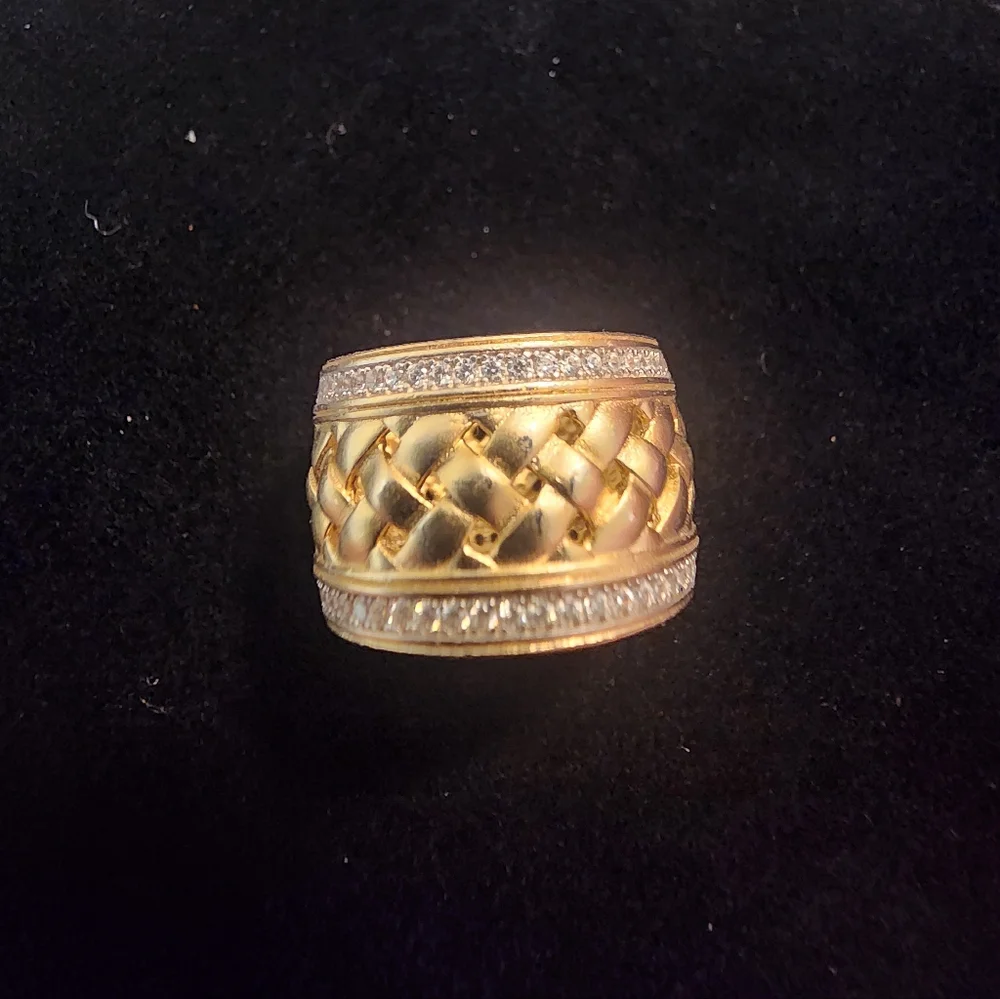 Elegant Freida Rothman Cigar Band Gold & Silver Braided Ring With Cubic Zirconia